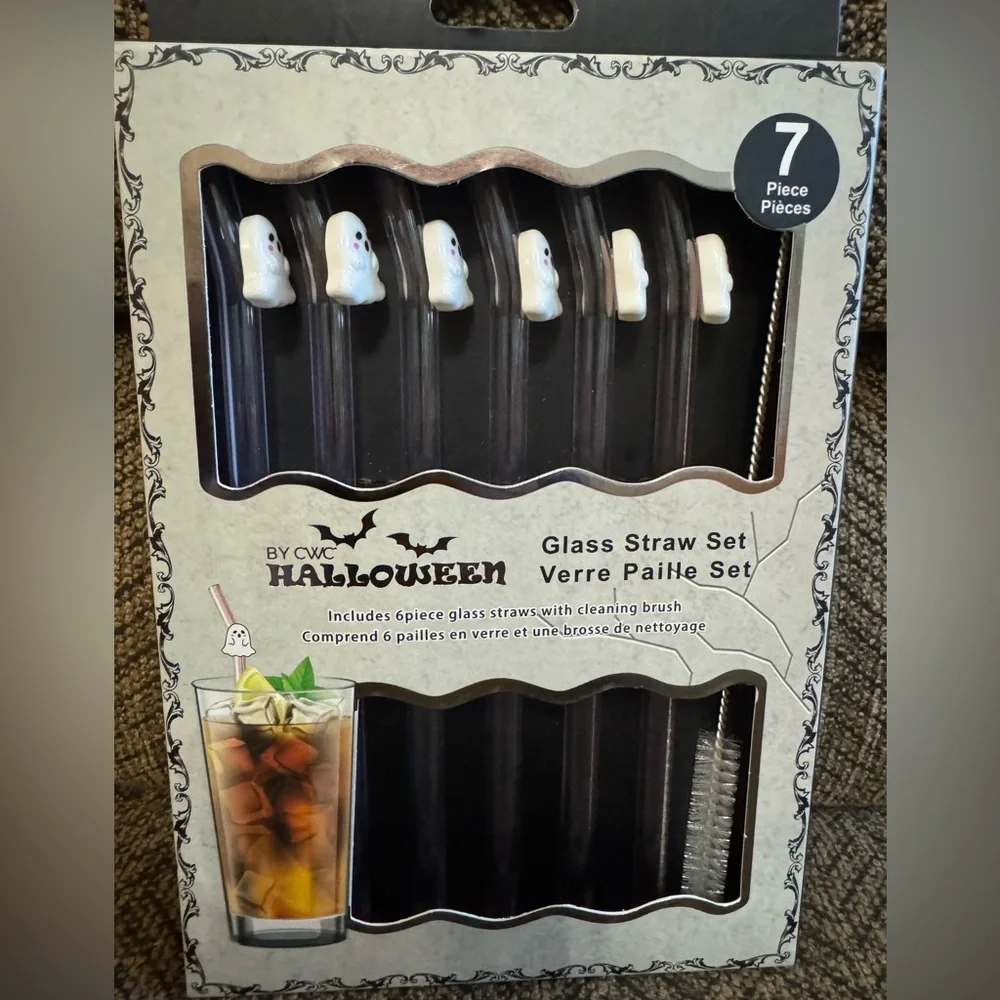 NWT Halloween Cute 6 Piece Glass Straw Ghost Set with Cleaning Brush Spooky Fall